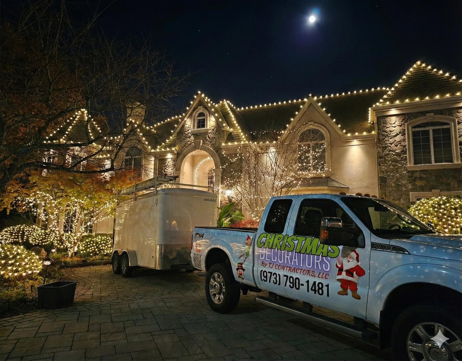 Finished Christmas light installation on a New Jersey home