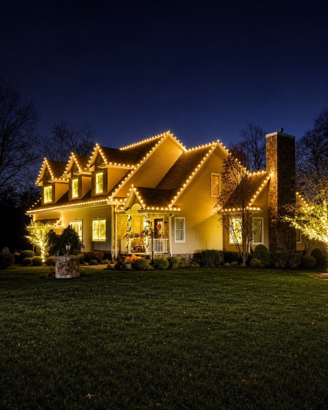 Christmas lights turned on at night